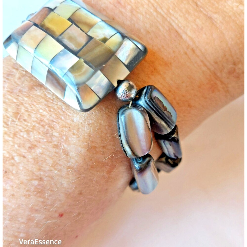 Vintage Mother of Pearl Abalone Paua Shell Beaded Mosaic Bracelet 7.5" - Picture 8 of 10